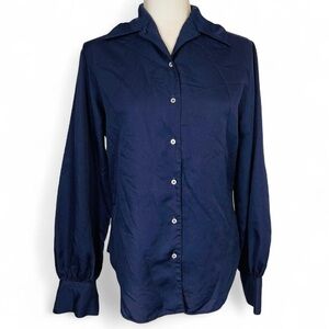 Vintage 70s 80s Evan-Picone Size 12 Union Made Button Down Shirt Blouse Navy